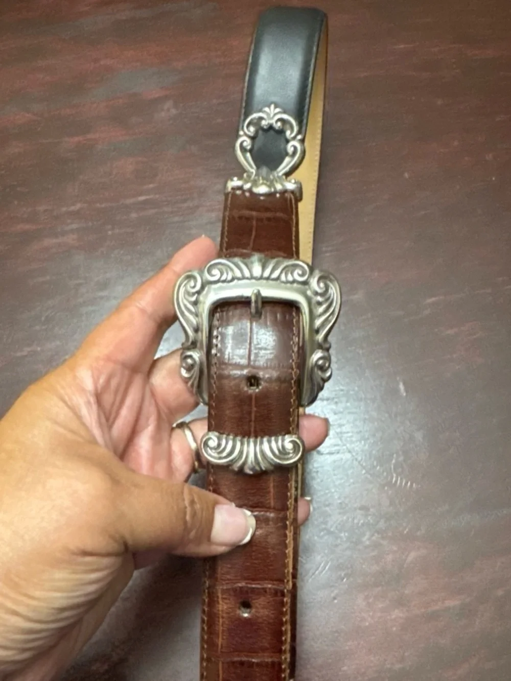 Brighton Brown Leather Belt with Ornate Silver-Tone Buckle set of 2